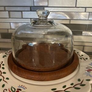 Vintage Goodwood Cheese Cloche Glass Dome with Genuine Wood Base Clear Brown